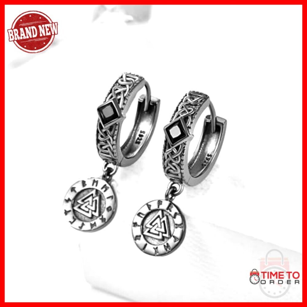 Sterling Silver Celtic Knot Hoop Earrings, Norse Viking Dangle Jewelry - Picture 2 of 6